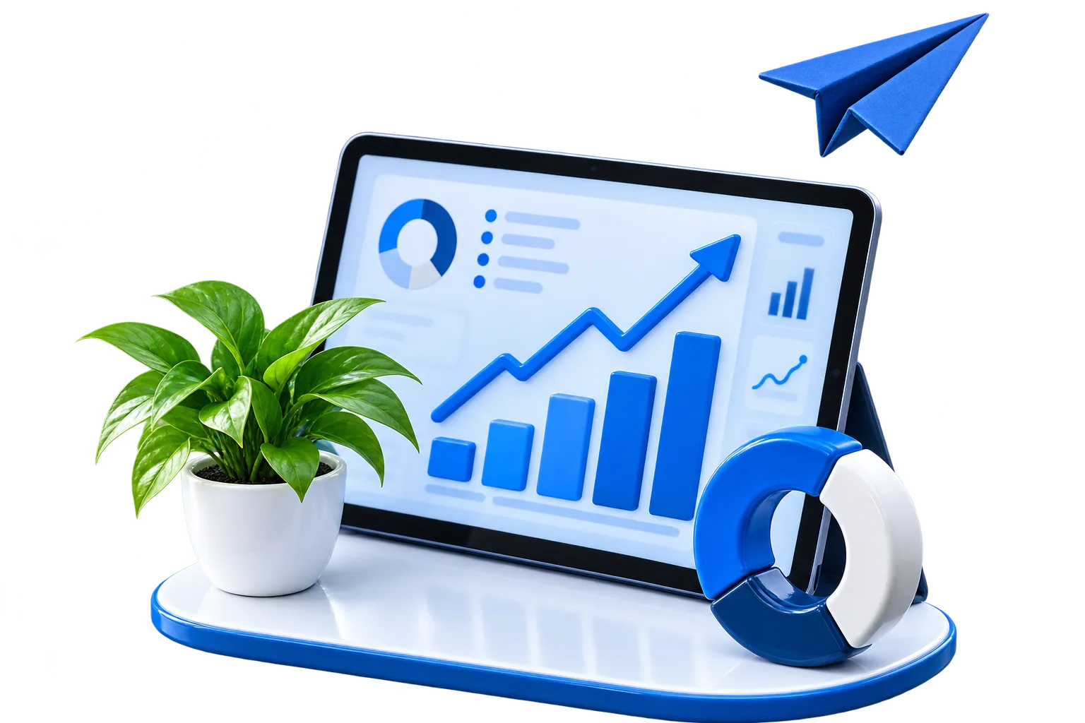 A dashboard showing business growth, with a chat bubble and a paper plane
