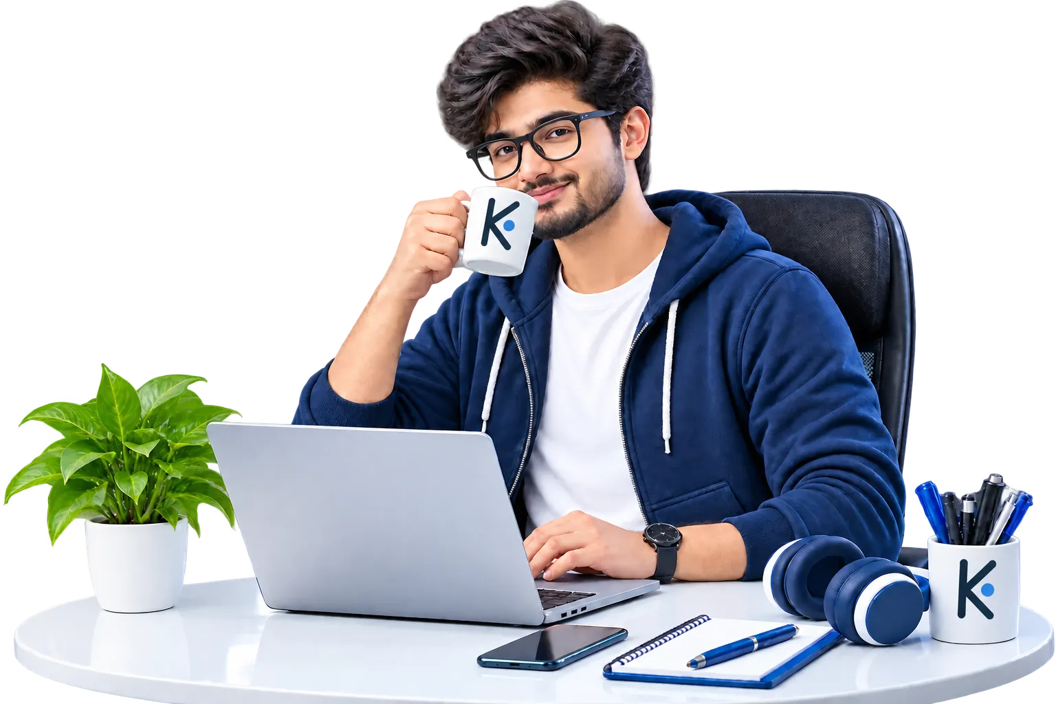 A Koncept Software Solutions developer at a laptop, surrounded by CRM, analytics and cloud panels